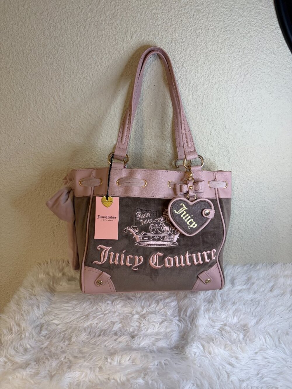 Juicy Couture Juicy Crown Daydreamer Tote Iced Coffee Pink Brown Charm NWT